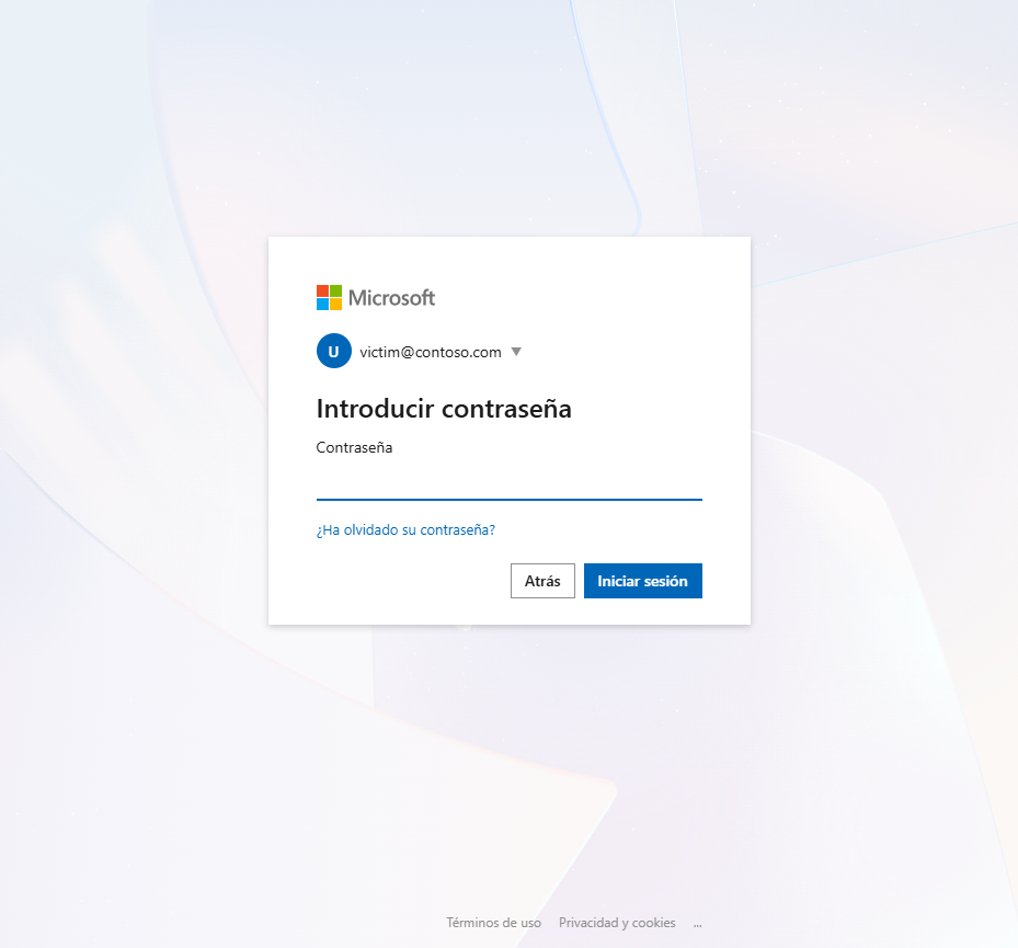 Página de contraseña de Microsoft clonada mostrando el email ya capturado
